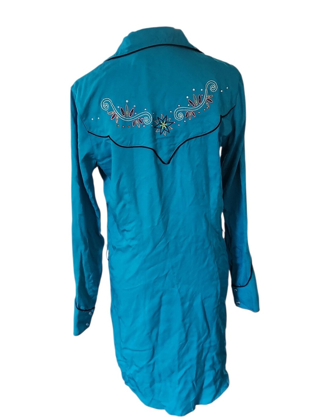 Wrangler Western Shirt Dress Small Turquoise Blue Long Sleeve Rodeo Embroidered - Picture 9 of 11